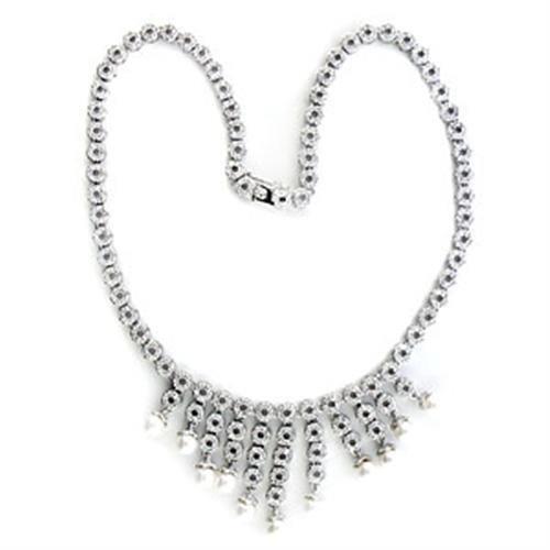 JCE407 Rhodium Brass Necklace with Synthetic Pearl in White