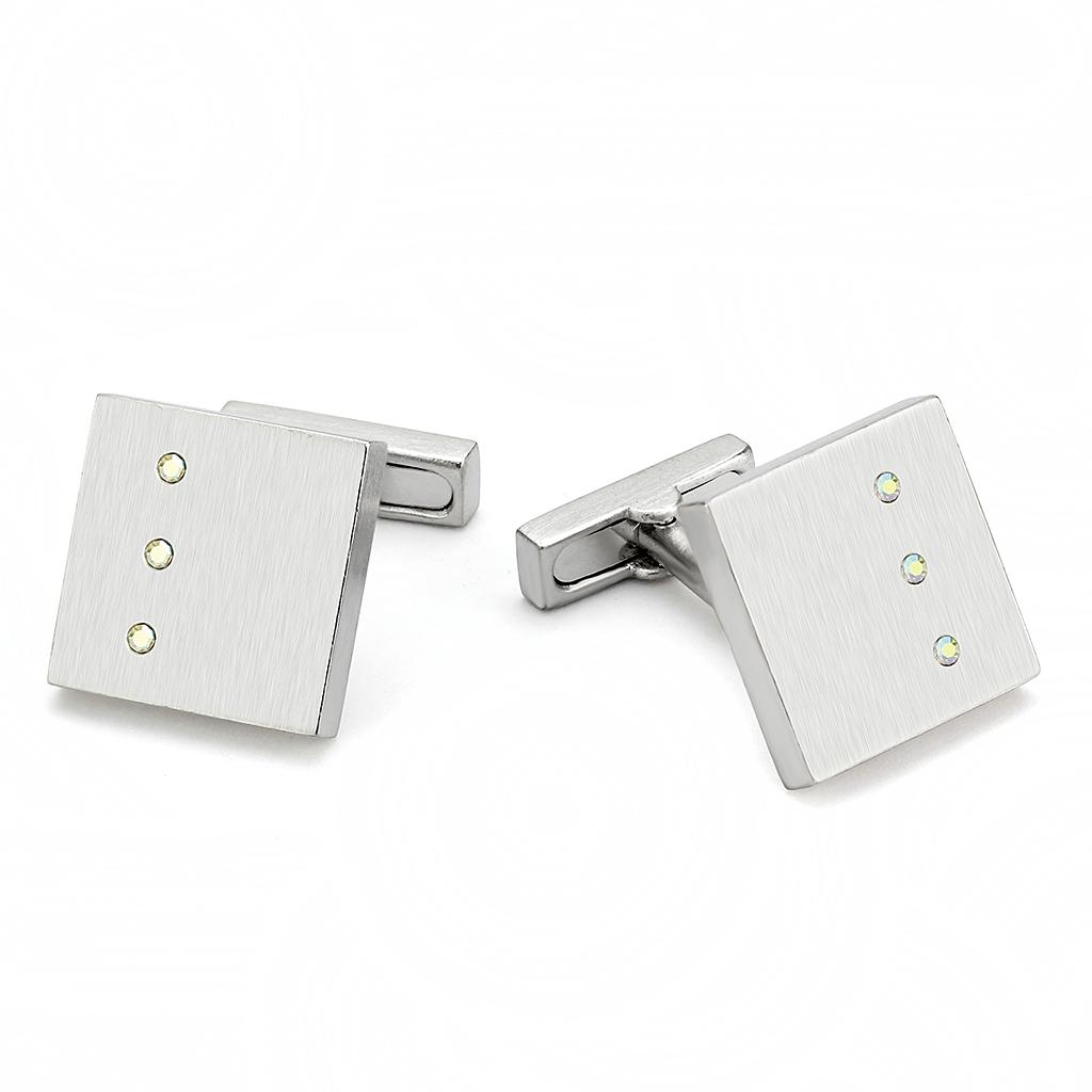 JCE1381 Rhodium Brass Cufflink with Top Grade Crystal  in Aurora Borealis (Rainbow Effect)