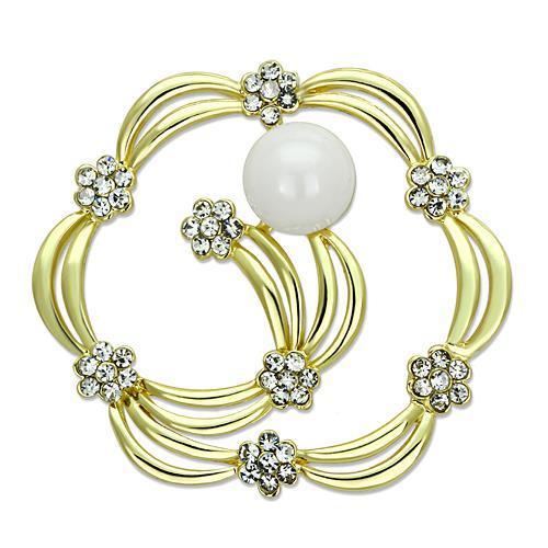 JCE2810 Flash Gold White Metal Brooches with Synthetic Pearl in White