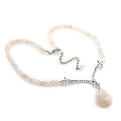 JCE370 Silver Brass Chain Pendant with Precious Stone PINK CRYSTAL in Light Rose