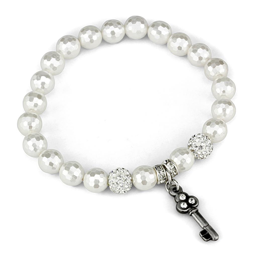 JCE3797 Antique Silver Brass Bracelet with Synthetic Glass Bead in White