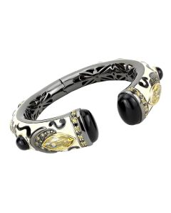 JCE4298 Gold+Hematite Brass Bangle with Synthetic Onyx in Jet