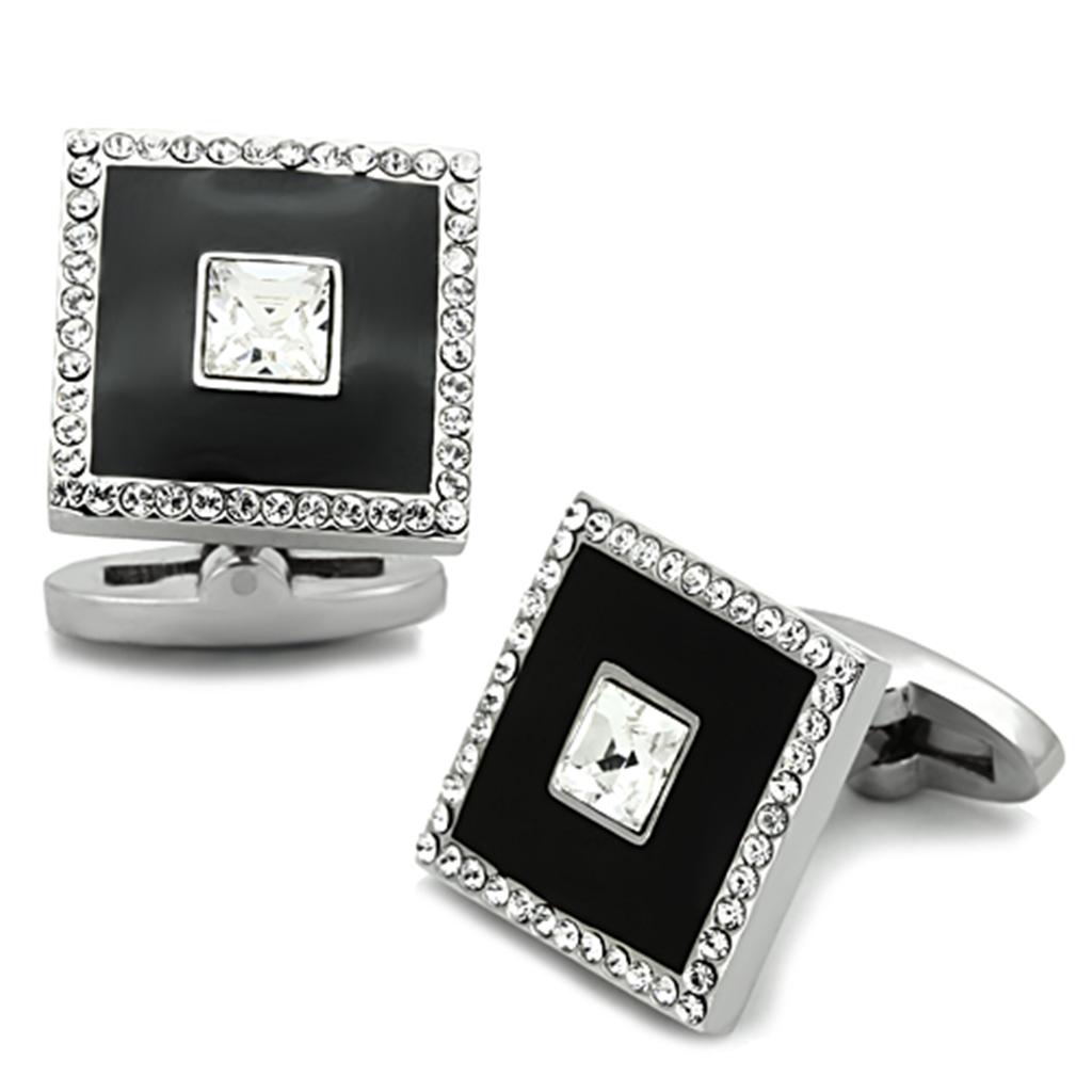 JCE1242 High polished (no plating) Stainless Steel Cufflink with Top Grade Crystal  in Clear