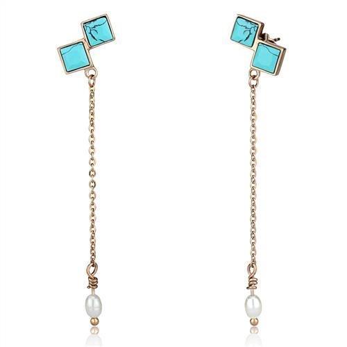 JCE2814 IP Rose Gold(Ion Plating) Stainless Steel Earrings with Synthetic Turquoise in Sea Blue
