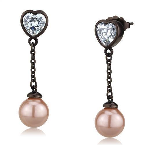 JCE2850 IP Dark Brown (IP coffee) Stainless Steel Earrings with Synthetic Pearl in Light Rose