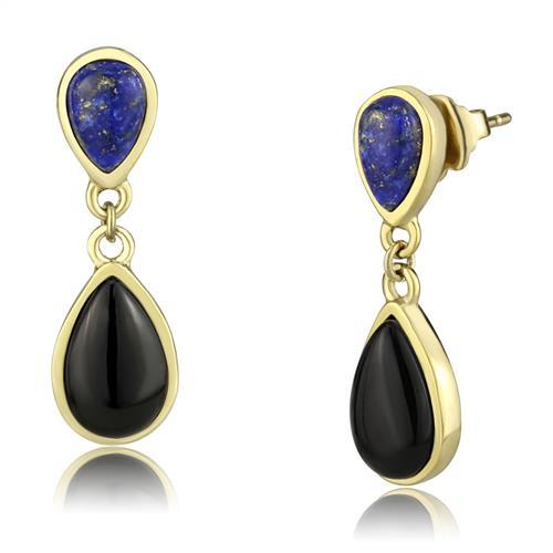 JCE2893 IP Gold(Ion Plating) Stainless Steel Earrings with Semi-Precious Onyx in Jet
