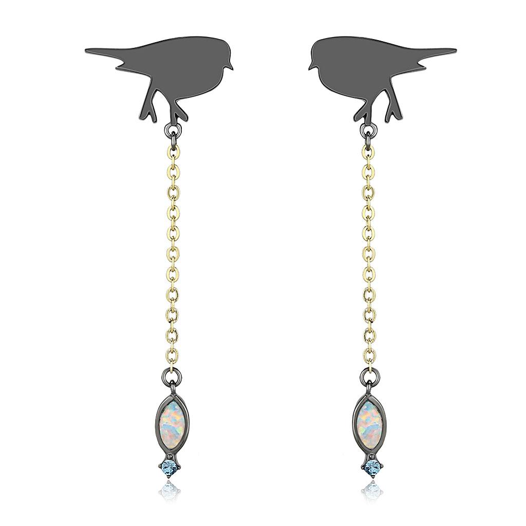 JCE3098 IP Gold+ IP Black (Ion Plating) Stainless Steel Earrings with Semi-Precious Opal in Aurora Borealis (Rainbow Effect)