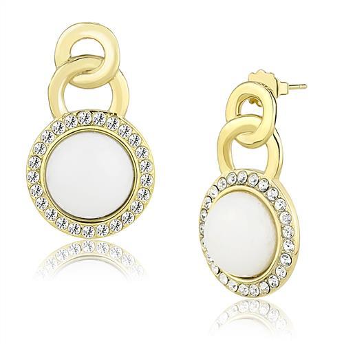 JCE3152 IP Gold(Ion Plating) Stainless Steel Earrings with Synthetic Jade in White