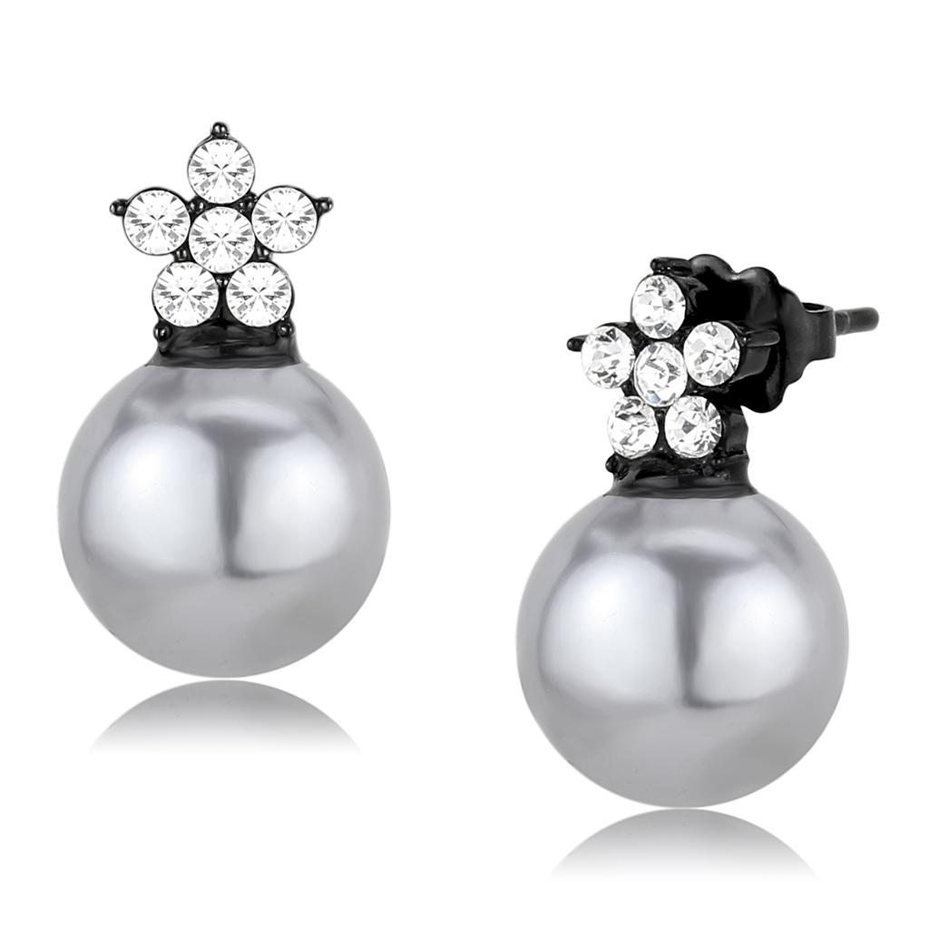 JCE3482 IP Black(Ion Plating) Stainless Steel Earrings with Synthetic Pearl in Light Gray