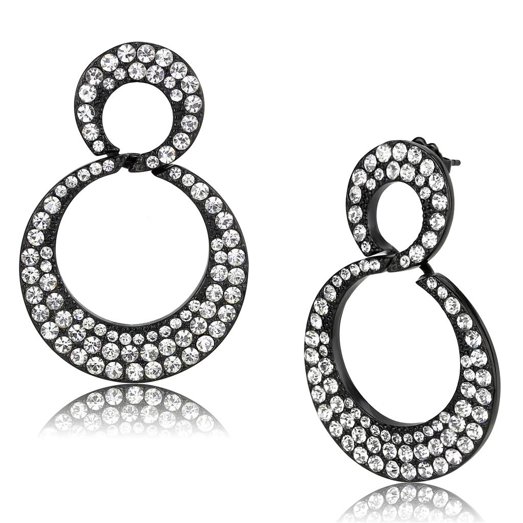 JCE3493 IP Black(Ion Plating) Stainless Steel Earrings with Top Grade Crystal  in Clear