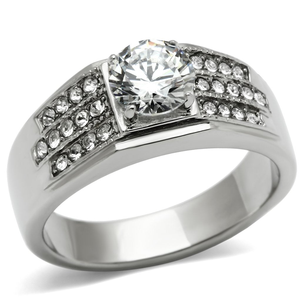 JCE354 High polished (no plating) Stainless Steel Ring with AAA Grade CZ  in Clear