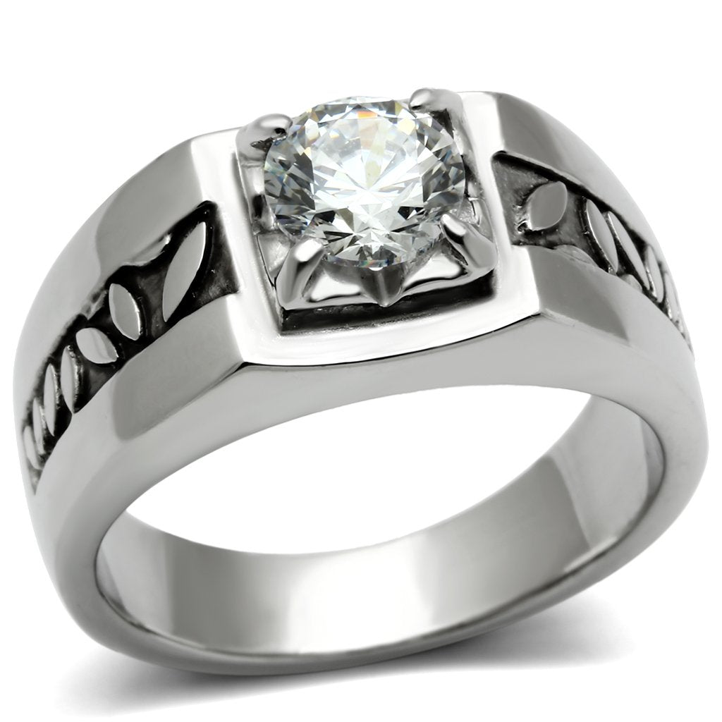 JCE356 High polished (no plating) Stainless Steel Ring with AAA Grade CZ  in Clear