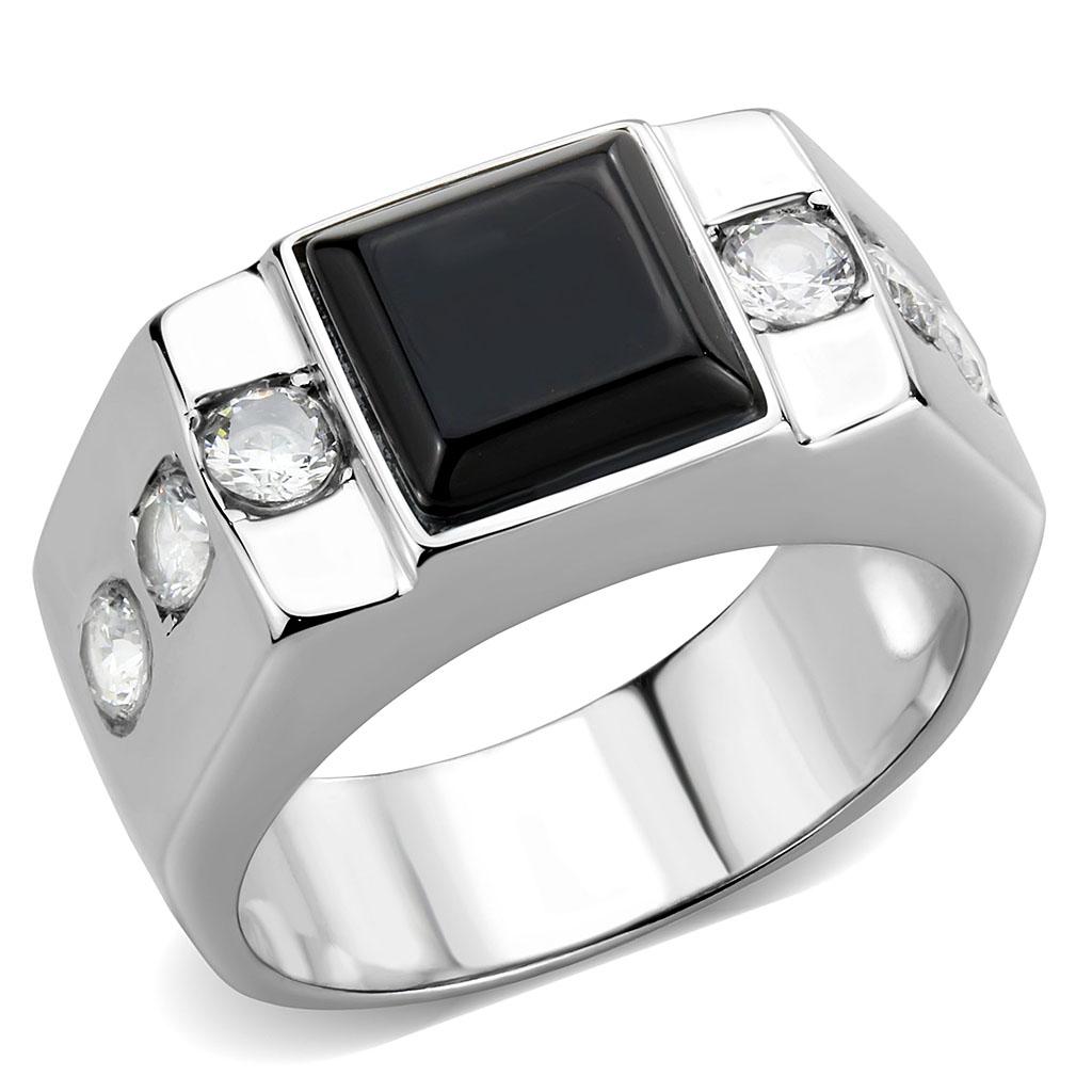 JCE3615 High polished (no plating) Stainless Steel Ring with Synthetic Onyx in Jet