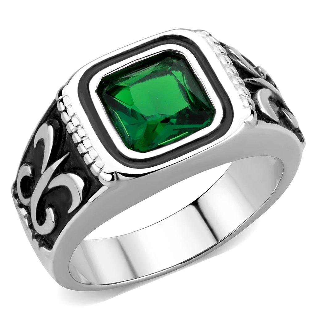 JCE3616 High polished (no plating) Stainless Steel Ring with Synthetic Synthetic Glass in Emerald