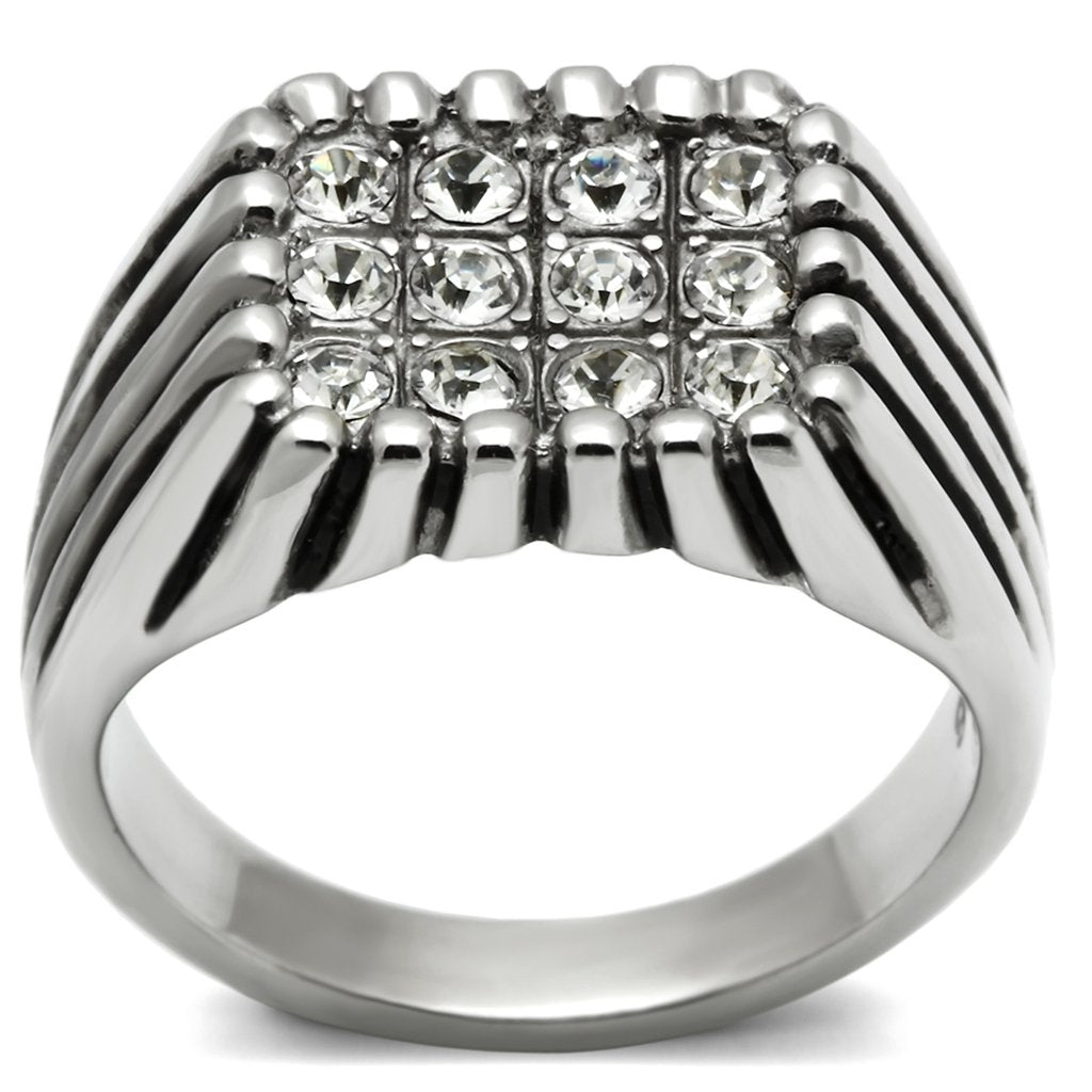 JCE363 High polished (no plating) Stainless Steel Ring with Top Grade Crystal  in Clear