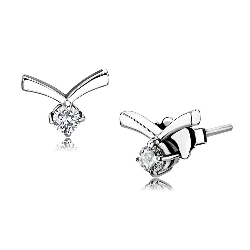 JCE3657 High polished (no plating) Stainless Steel Earrings with AAA Grade CZ  in Clear