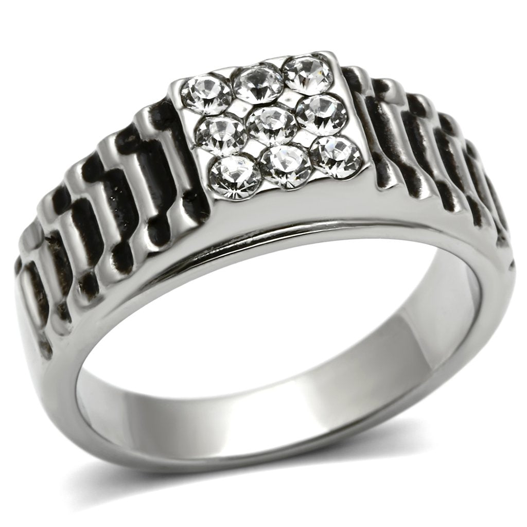 JCE368 High polished (no plating) Stainless Steel Ring with Top Grade Crystal  in Clear