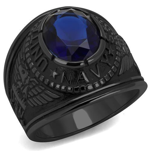JCE414707J IP Black(Ion Plating) Stainless Steel Ring with Synthetic Synthetic Glass in Sapphire