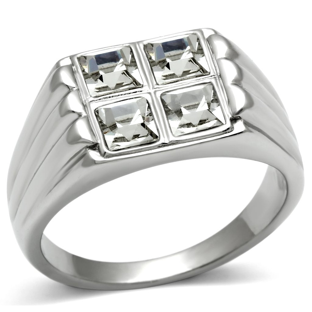 JCE488 High polished (no plating) Stainless Steel Ring with Top Grade Crystal  in Clear