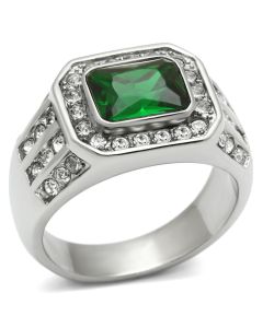 JCE495 High polished (no plating) Stainless Steel Ring with Synthetic Synthetic Glass in Emerald