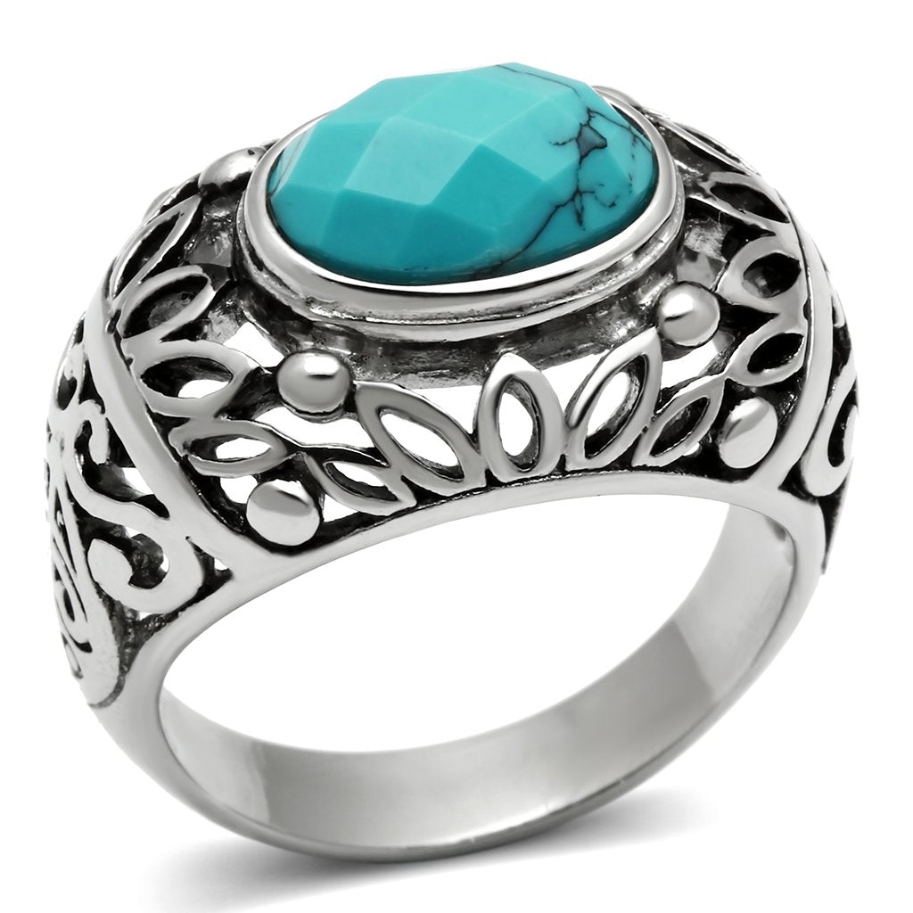 JCE498 High polished (no plating) Stainless Steel Ring with Synthetic Turquoise in Sea Blue
