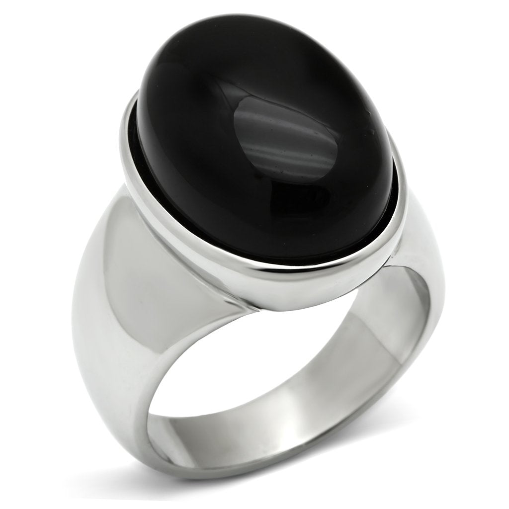 JCE501 High polished (no plating) Stainless Steel Ring with Semi-Precious Onyx in Jet