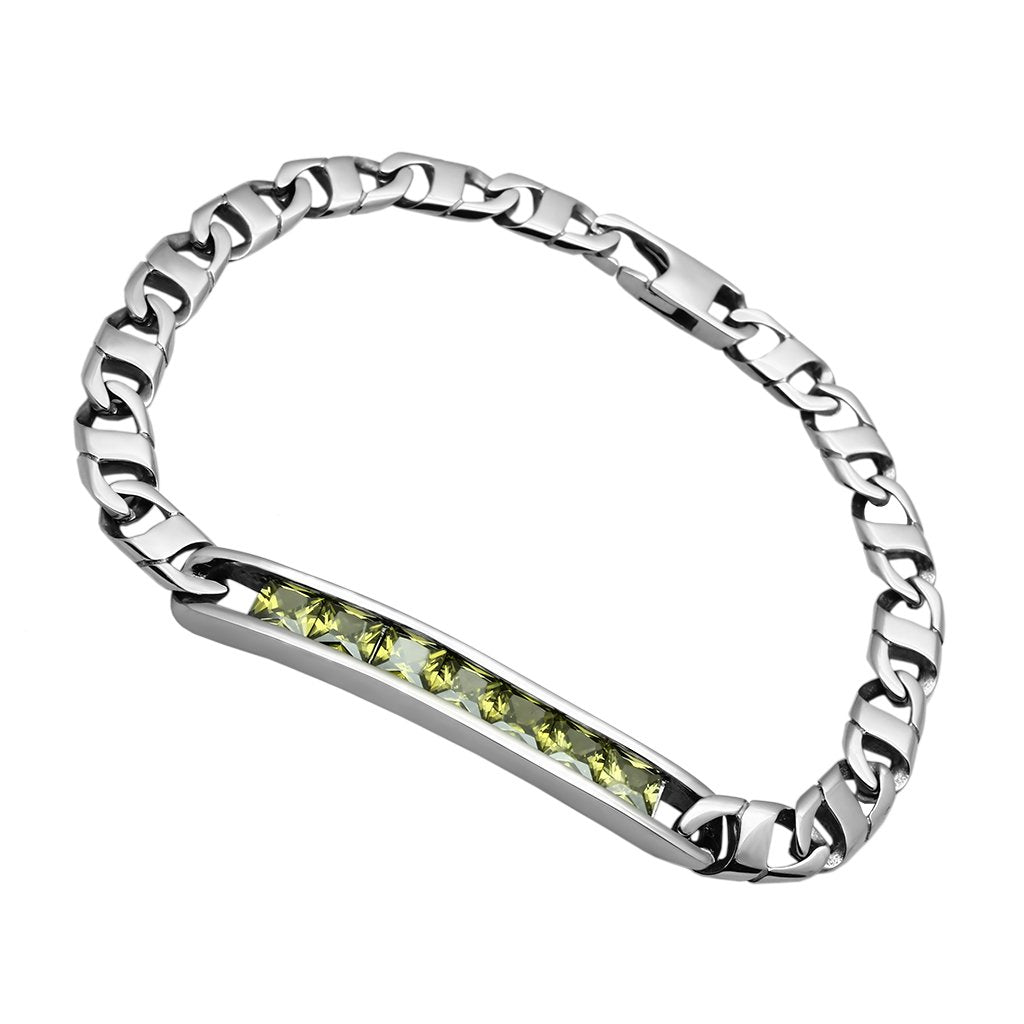 JCE570 High polished (no plating) Stainless Steel Bracelet with AAA Grade CZ  in Olivine color