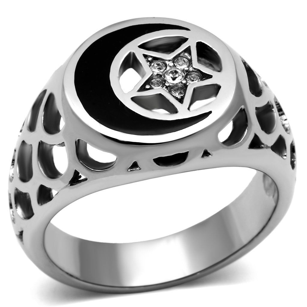 JCE706 High polished (no plating) Stainless Steel Ring with Top Grade Crystal  in Clear