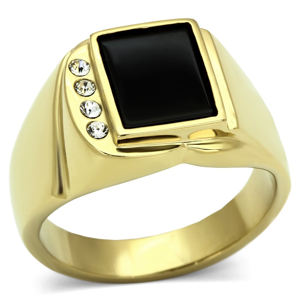 JCE722 IP Gold(Ion Plating) Stainless Steel Ring with Semi-Precious Onyx in Jet