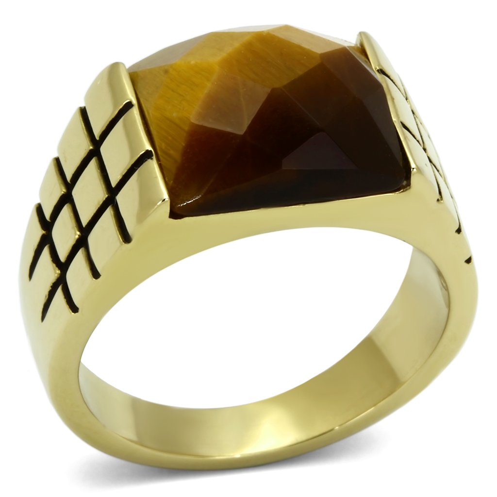 JCE779 IP Gold(Ion Plating) Stainless Steel Ring with Semi-Precious Tiger Eye in Topaz