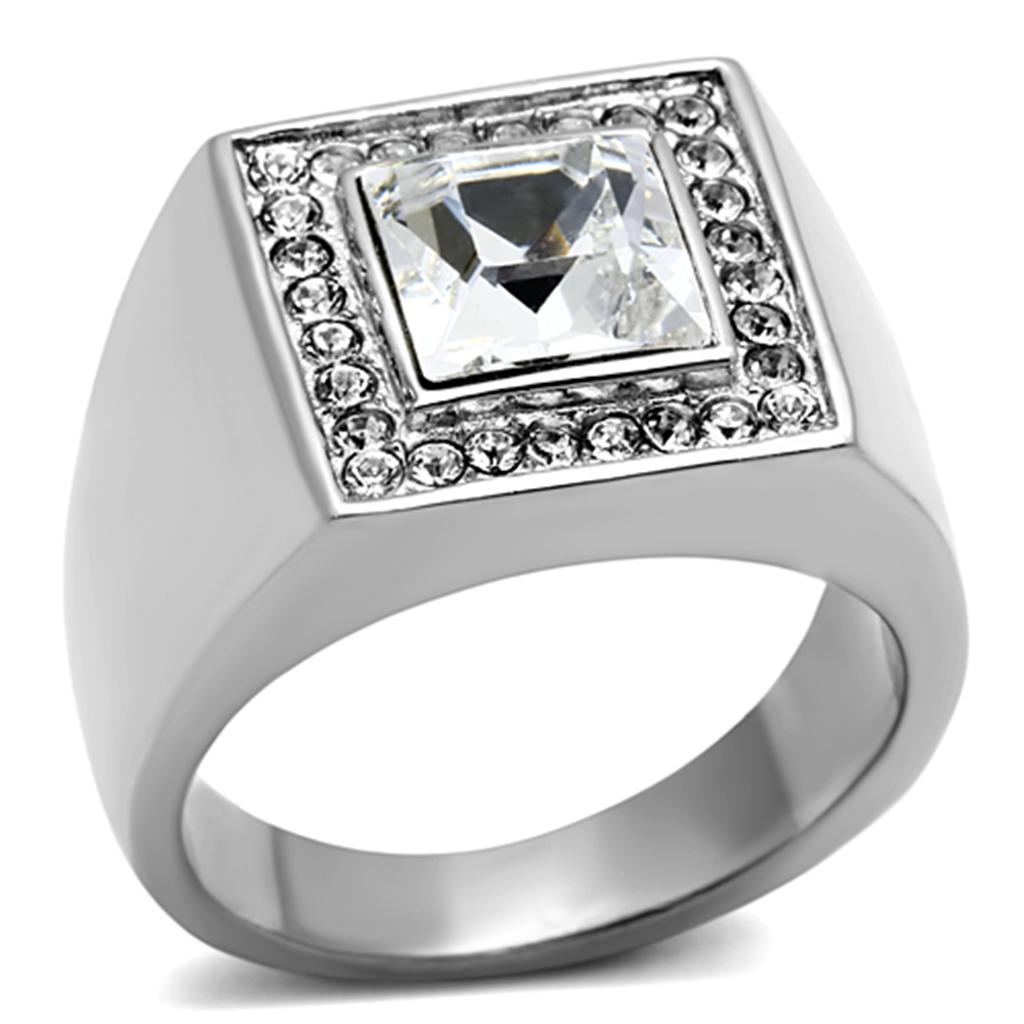 JCE945 High polished (no plating) Stainless Steel Ring with Top Grade Crystal  in Clear
