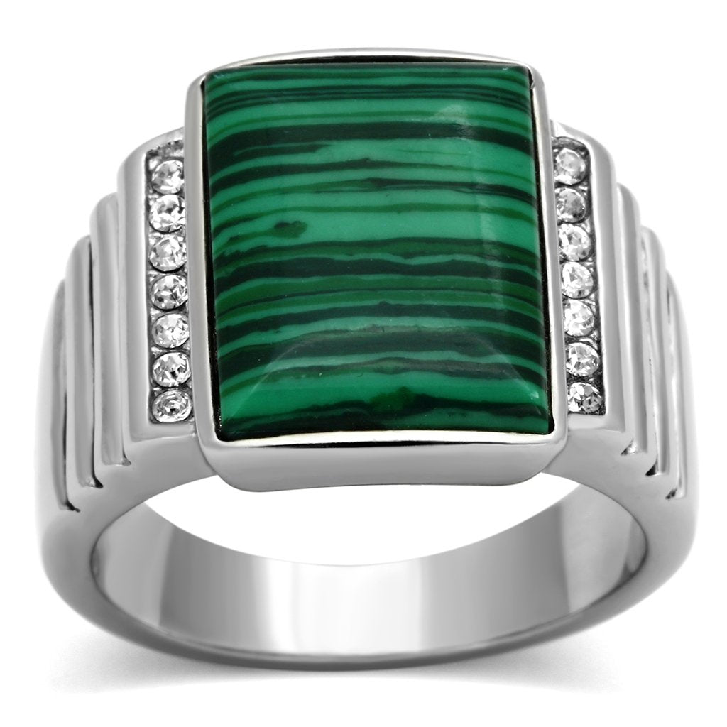 JCE953 High polished (no plating) Stainless Steel Ring with Synthetic MALACHITE in Emerald