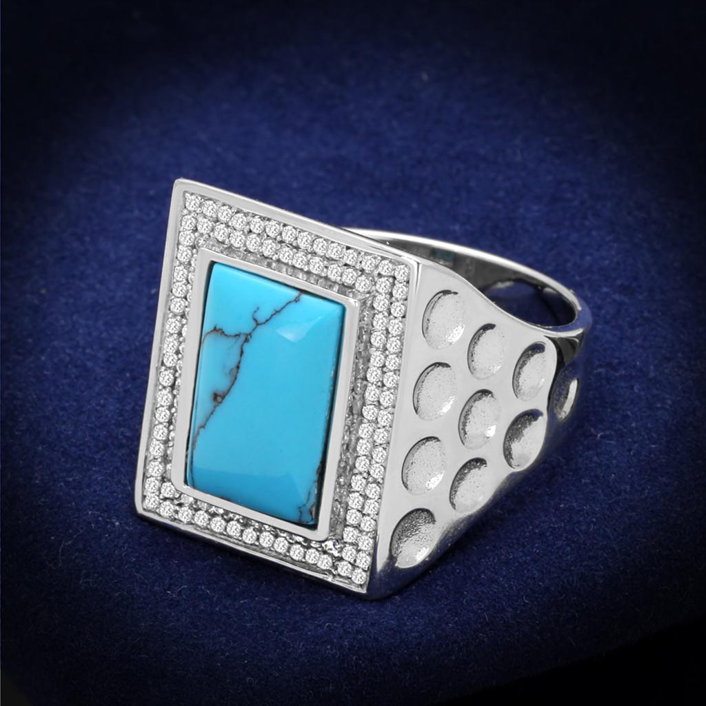 JCE228 Rhodium 925 Sterling Silver Ring with Synthetic Turquoise in Sea Blue