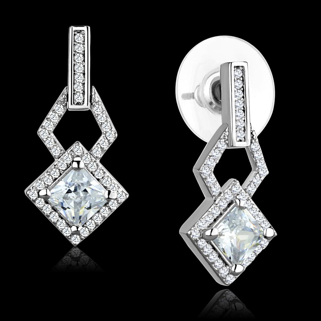 JCE291 Rhodium 925 Sterling Silver Earrings with AAA Grade CZ  in Clear
