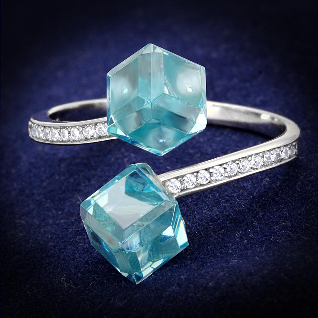 JCE317 Rhodium 925 Sterling Silver Ring with AAA Grade CZ  in Sea Blue