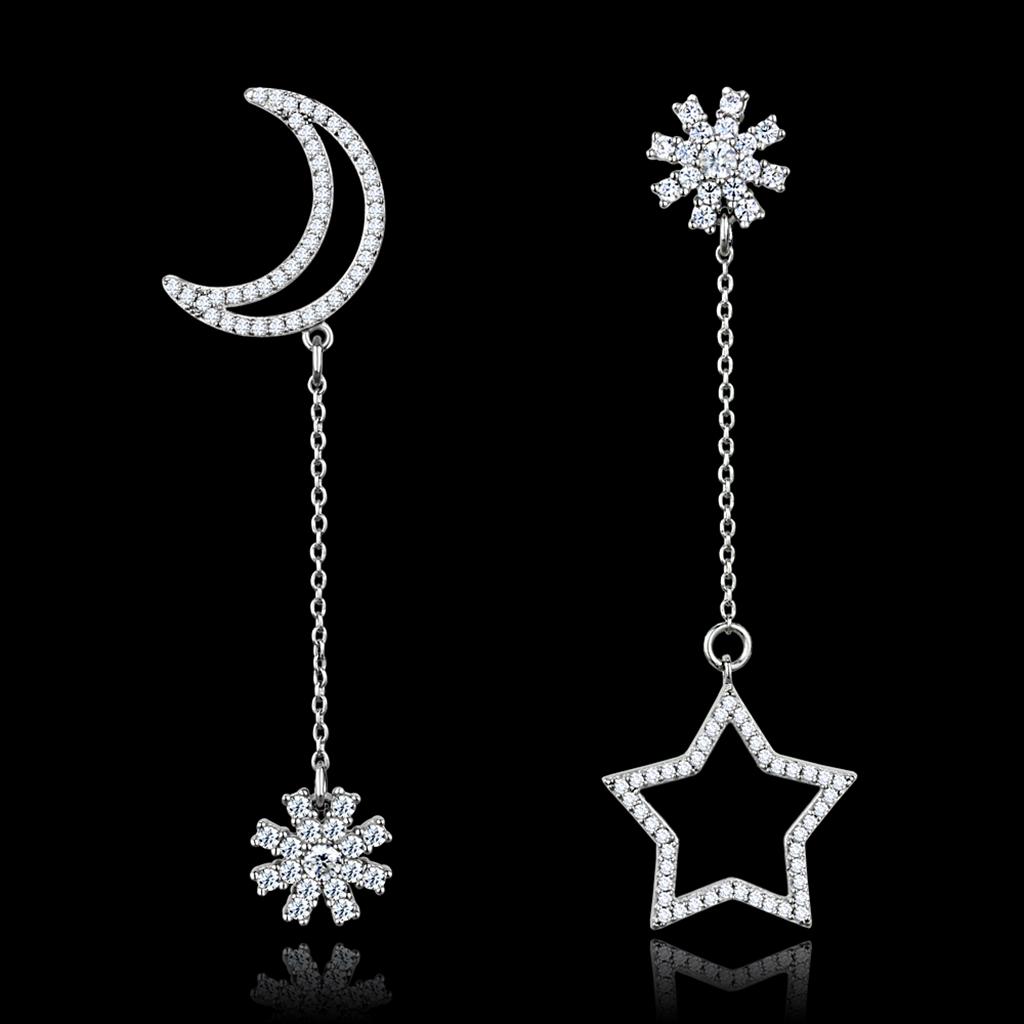 JCE437 Rhodium 925 Sterling Silver Earrings with AAA Grade CZ  in Clear