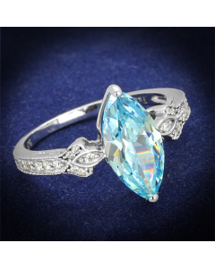 JCE502 Rhodium 925 Sterling Silver Ring with AAA Grade CZ  in Sea Blue