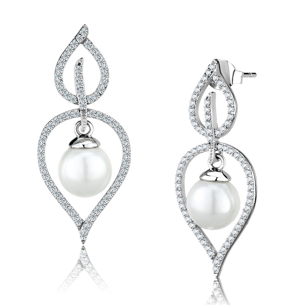 JCE510 Rhodium 925 Sterling Silver Earrings with Semi-Precious Glass Bead in White