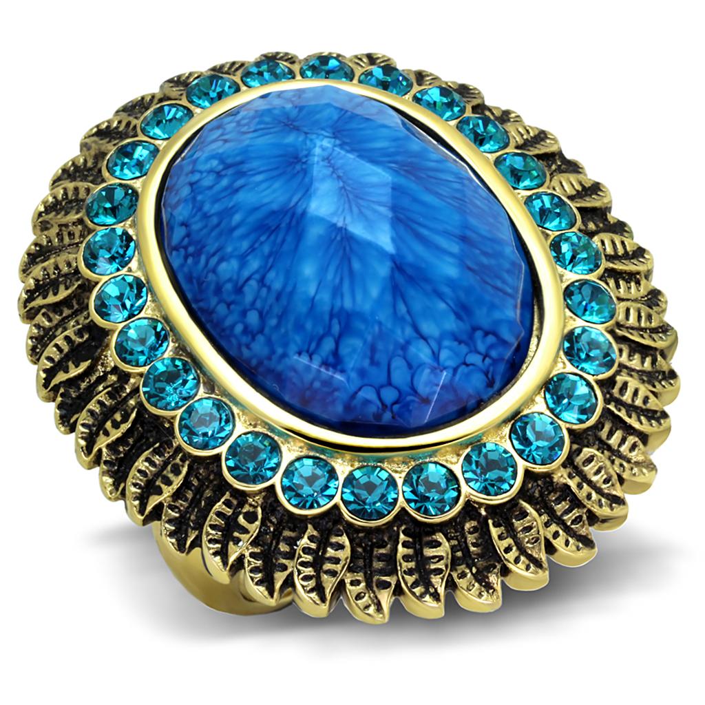 JCE121 IP Gold(Ion Plating) Stainless Steel Ring with Synthetic Synthetic Stone in Sea Blue